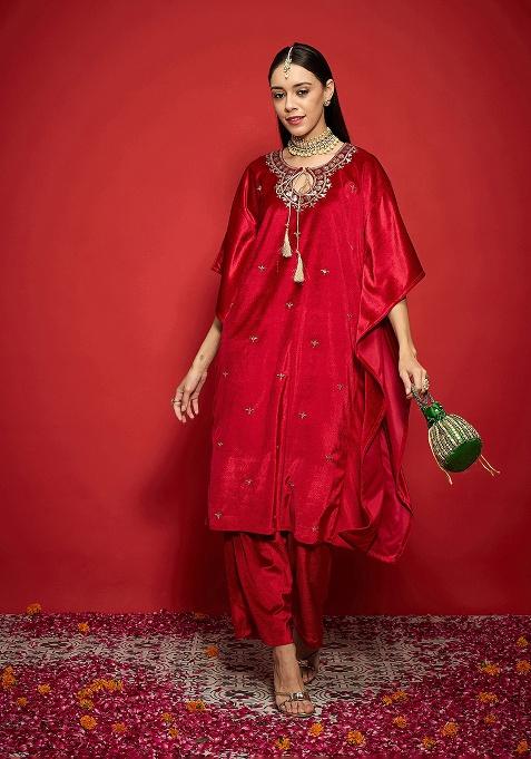 Red Embroidery Velvet Kurta Set
