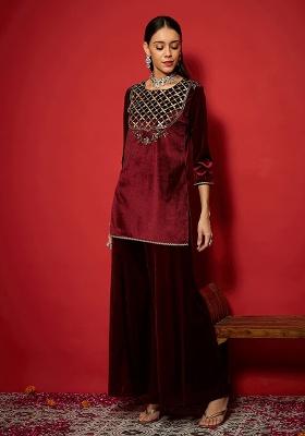 Maroon Embroidery Velvet Kurta Set