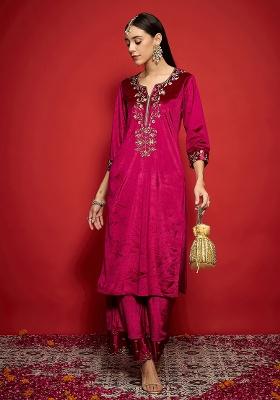Fuchsia Embroidery Velvet Kurta Set