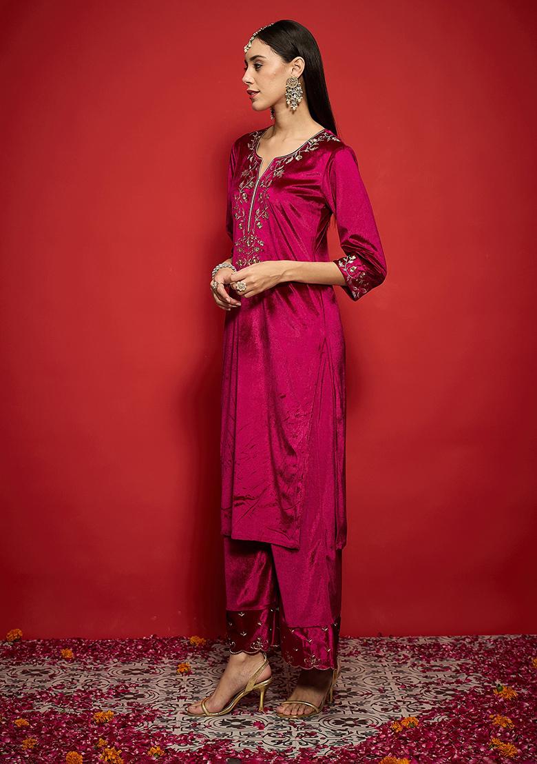 Fuchsia Embroidery Velvet Kurta Set - Indya