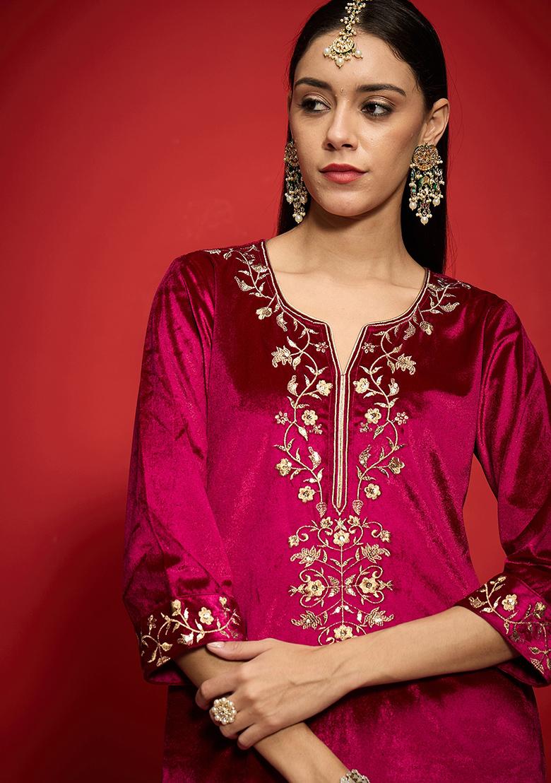 Fuchsia Embroidery Velvet Kurta Set - Indya
