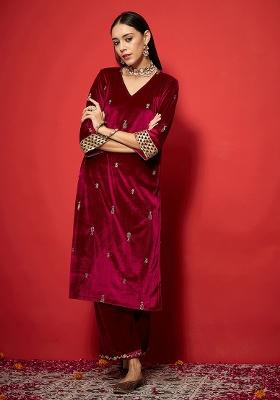 Fuchsia Embroidery Velvet Kurta Set