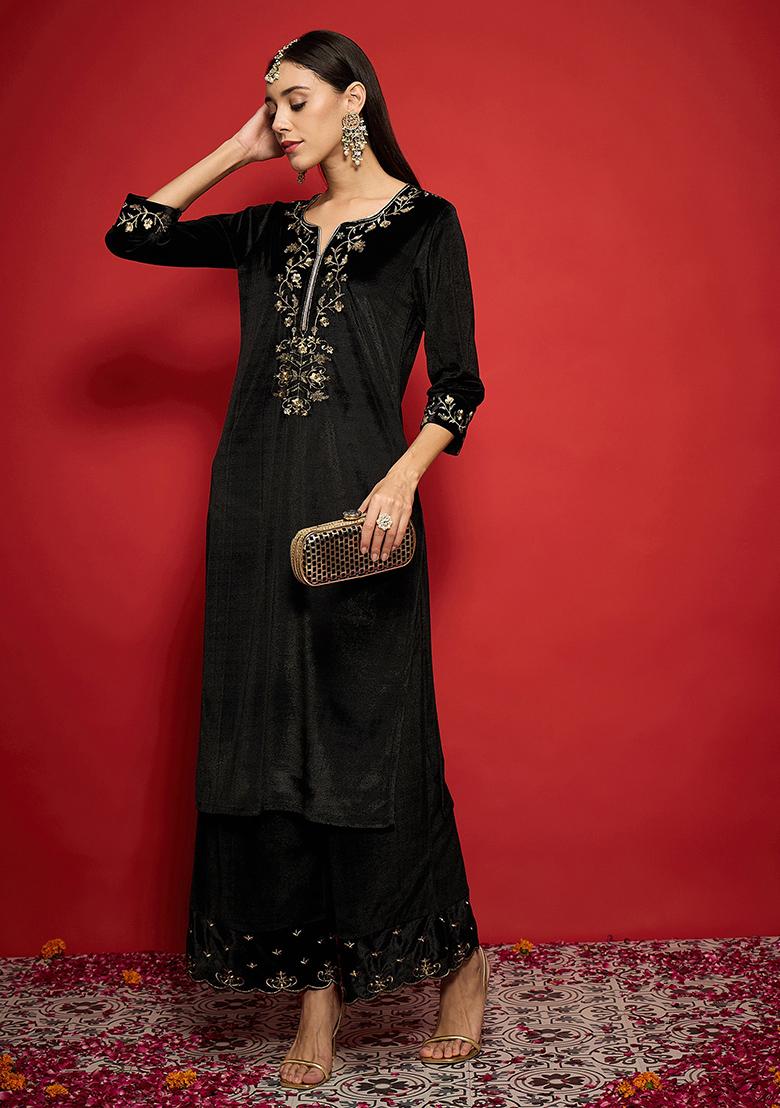Black Embroidery Velvet Kurta Set - Indya