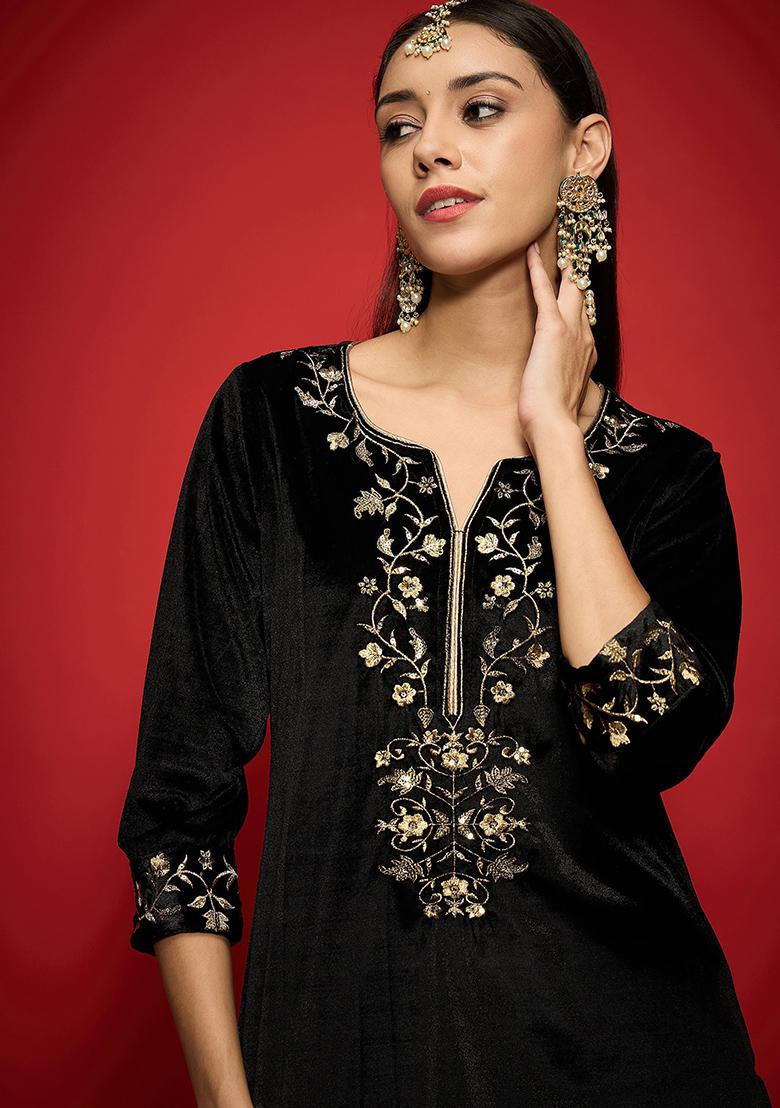 Black Embroidery Velvet Kurta Set - Indya