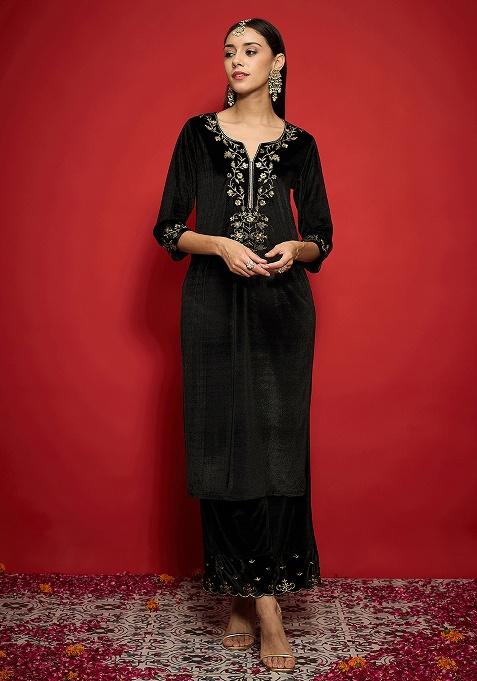 Black Embroidery Velvet Kurta Set