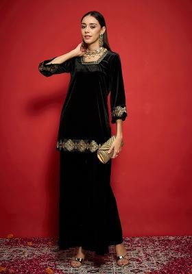 Black Embroidery Velvet Kurta Set