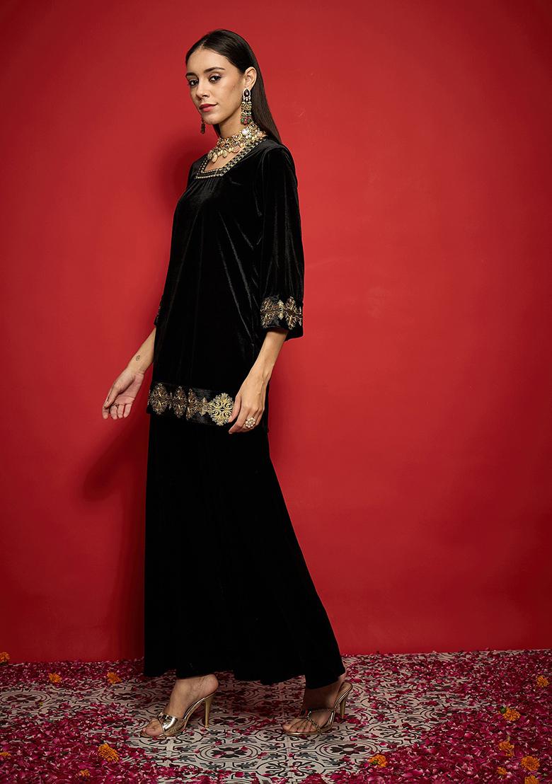 Black Embroidery Velvet Kurta Set - Indya