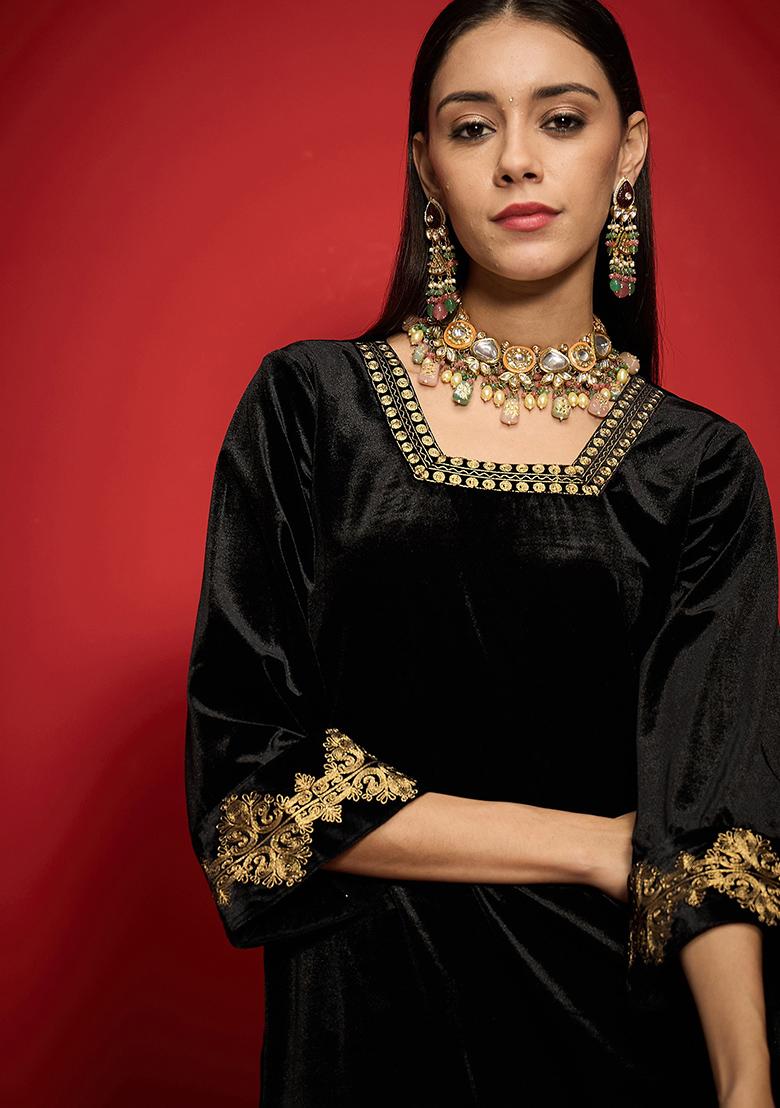 Black Embroidery Velvet Kurta Set - Indya