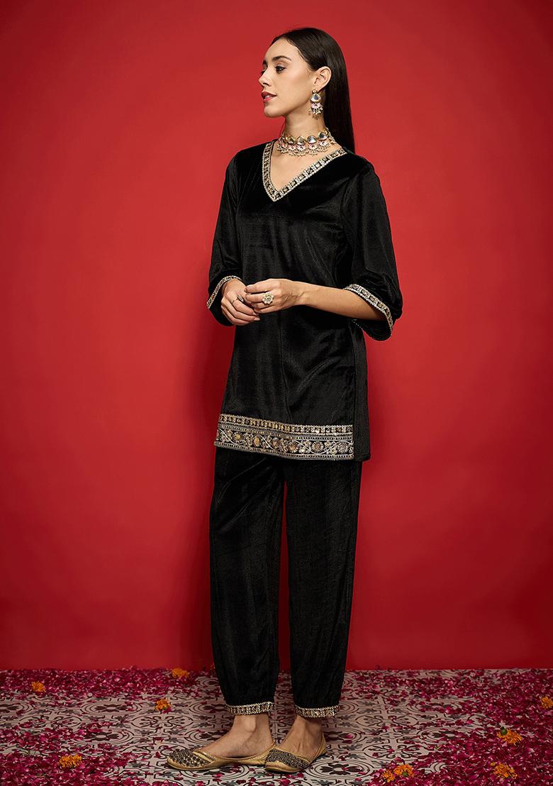 Black Embroidery Velvet Kurta Set - Indya