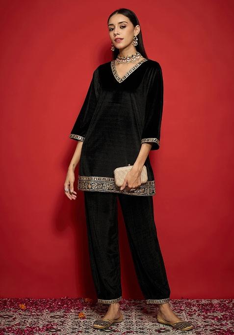 Black Embroidery Velvet Kurta Set