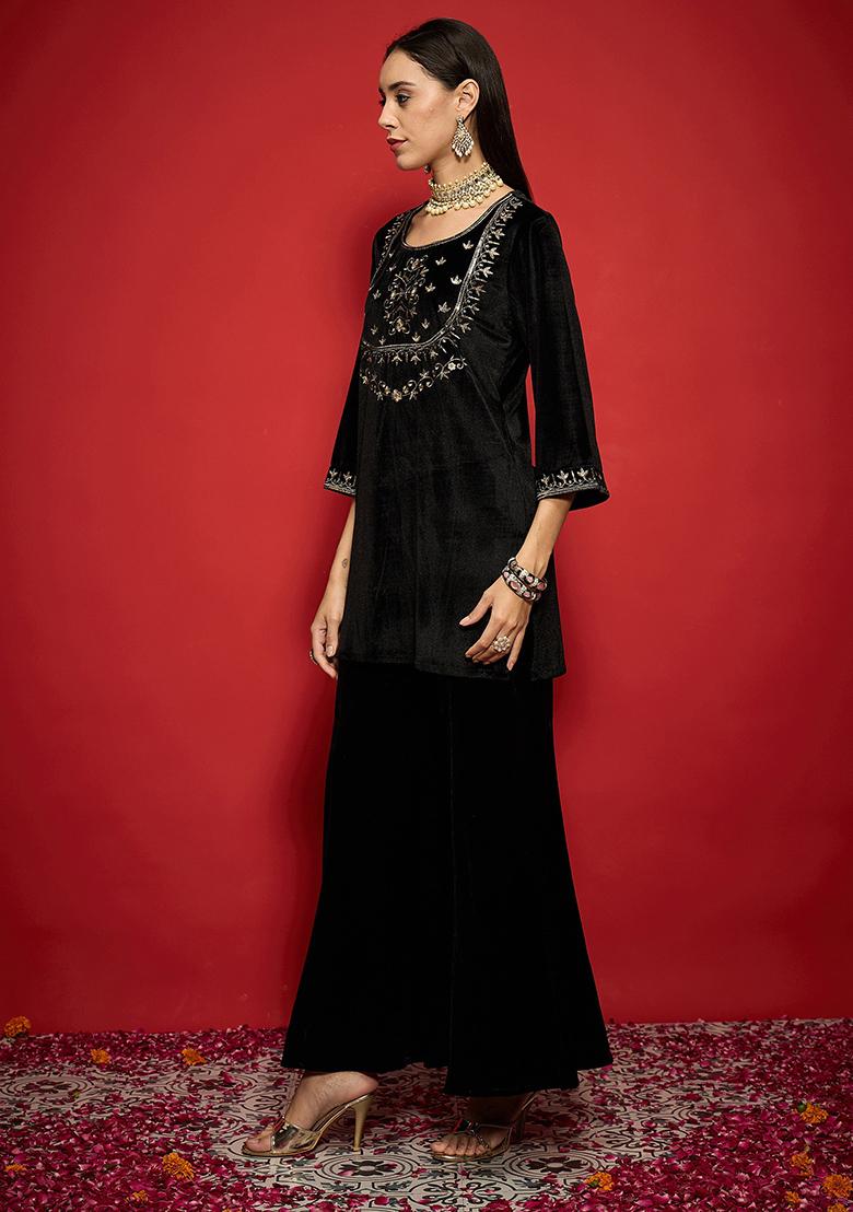 Black Embroidery Velvet Kurta Set - Indya
