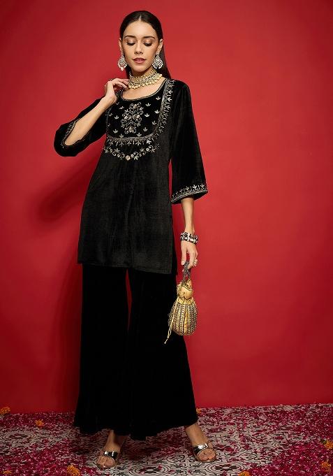 Black Embroidery Velvet Kurta Set