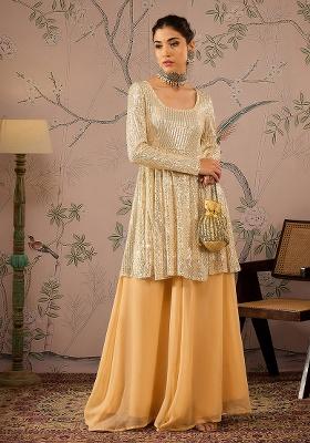 Golden Solid Velvet Kurta Set