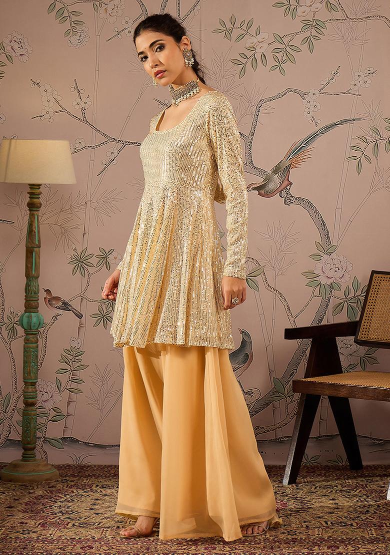 Golden Solid Velvet Kurta Set - Indya
