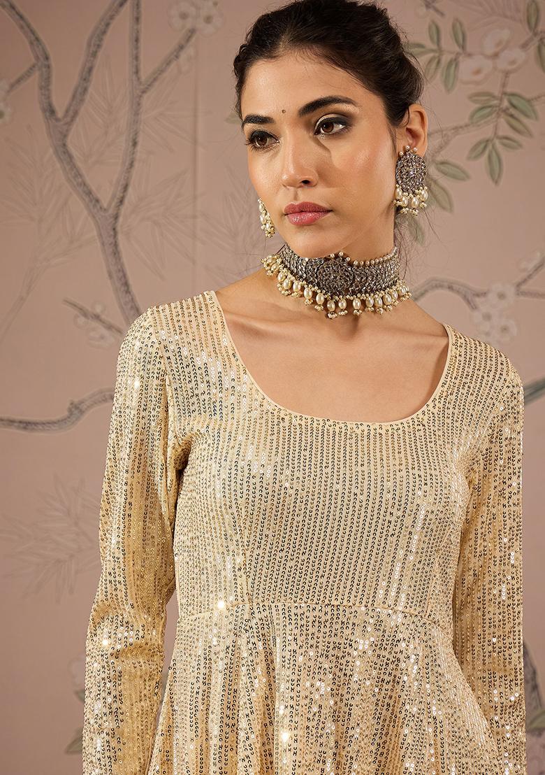 Golden Solid Velvet Kurta Set - Indya