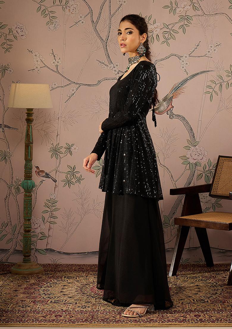 Black Solid Velvet Kurta Set - Indya