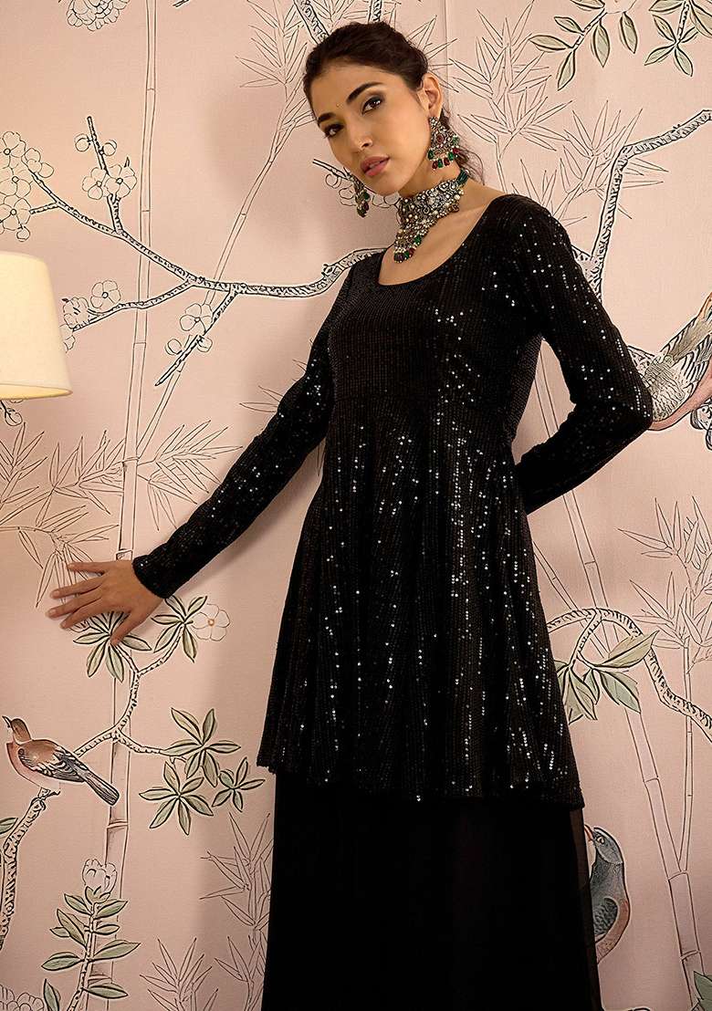 Black Sequin Work Velvet Sharara Set - Indya