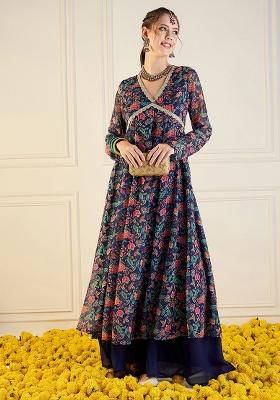 Dark Blue Printed Rib Kurta Set