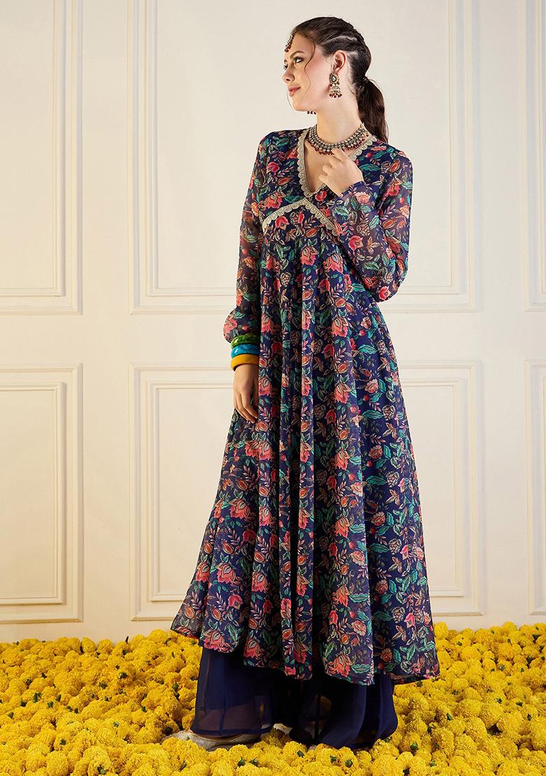 Dark Blue Printed Rib Kurta Set - Indya