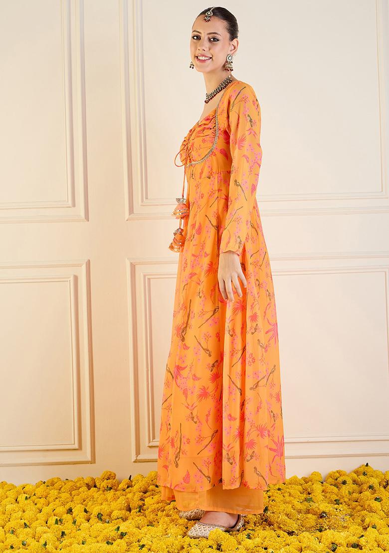 Yellow Printed Rib Kurta Set - Indya