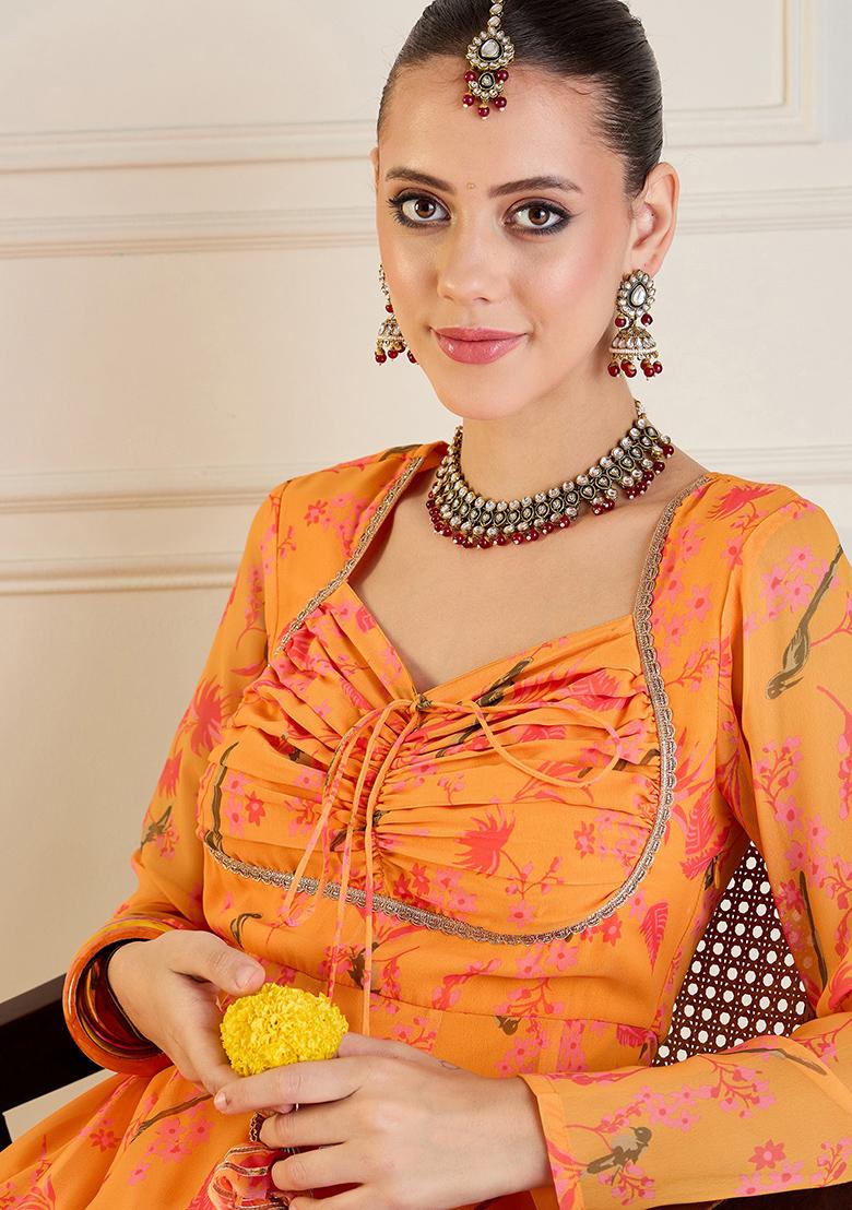 Yellow Printed Rib Kurta Set - Indya