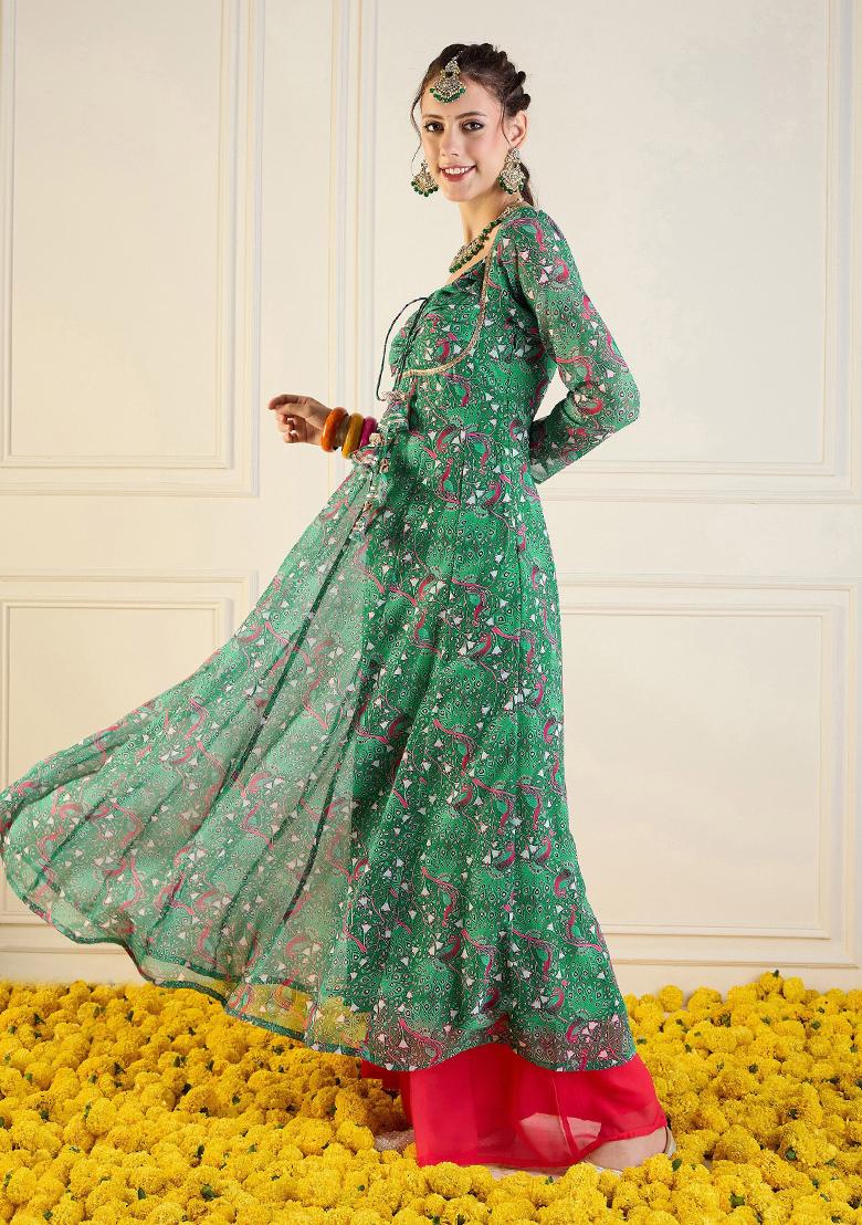 Green Printed Rib Kurta Set - Indya