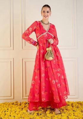 Pink Printed Rib Kurta Set