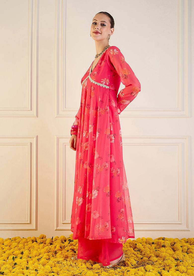 Pink Printed Rib Kurta Set - Indya