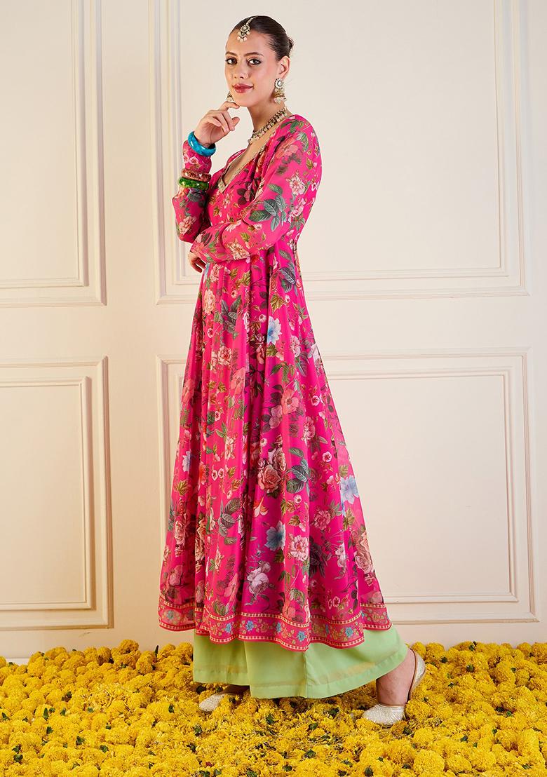 Pink Printed Rib Kurta Set - Indya