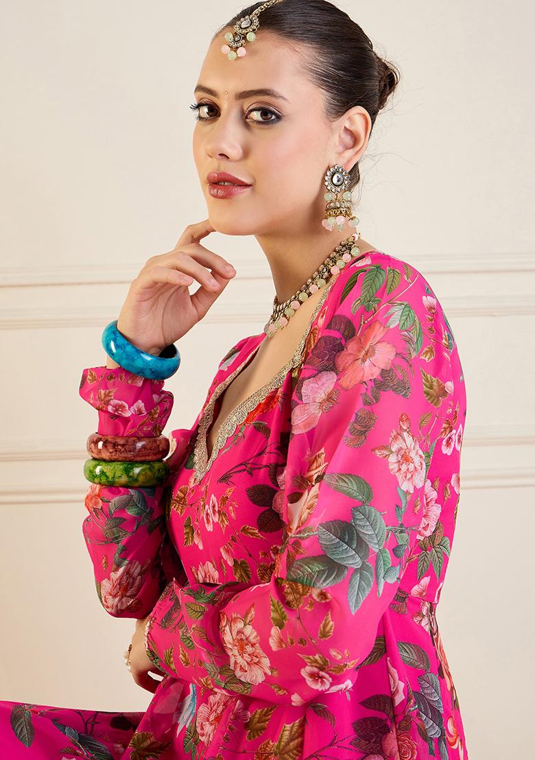 Pink Printed Rib Kurta Set - Indya