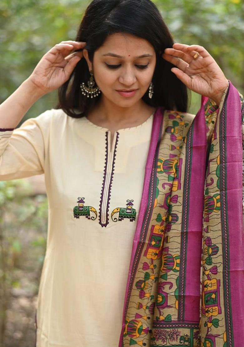 Off-White Printed Cotton Kurta Set - Indya