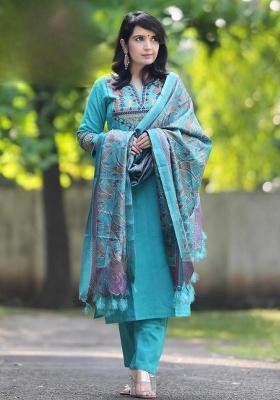 Blue Embroidered Cotton Straight Kurta Set