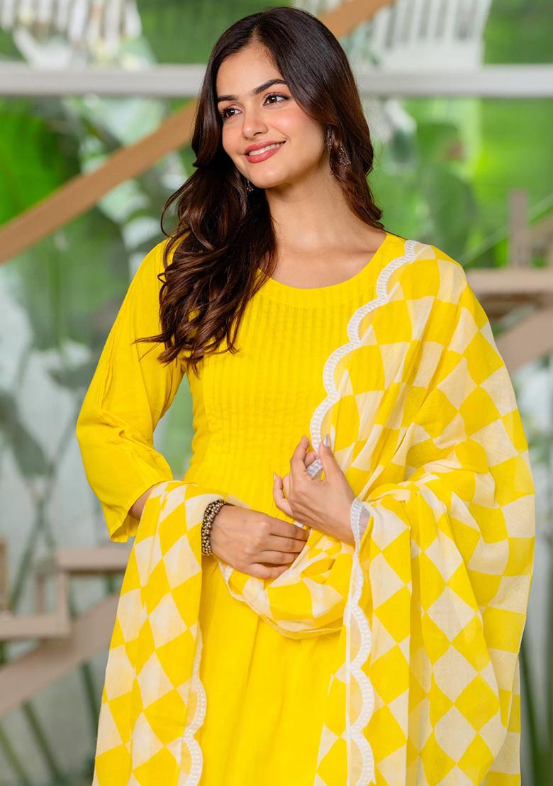 Yellow Printed Cotton Kurta Set - Indya