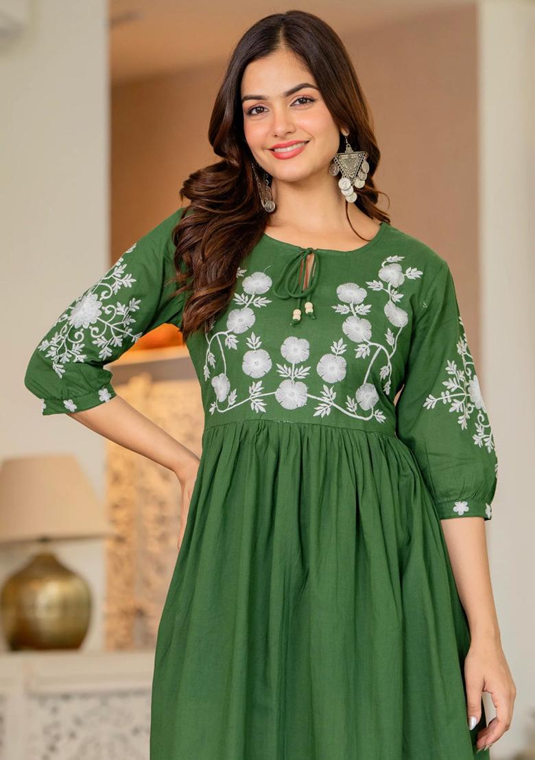Green Printed Cotton Kurta Set - Indya