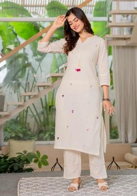 White Embroidered Cotton Straight Kurta Set