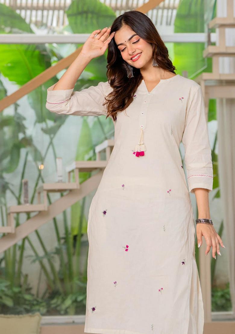 White Printed Cotton Kurta Set - Indya