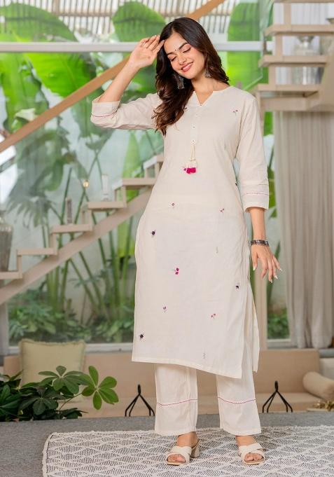 White Plain Cotton Kurta Set