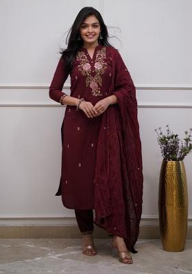 Maroon Printed Cotton Kurta Set