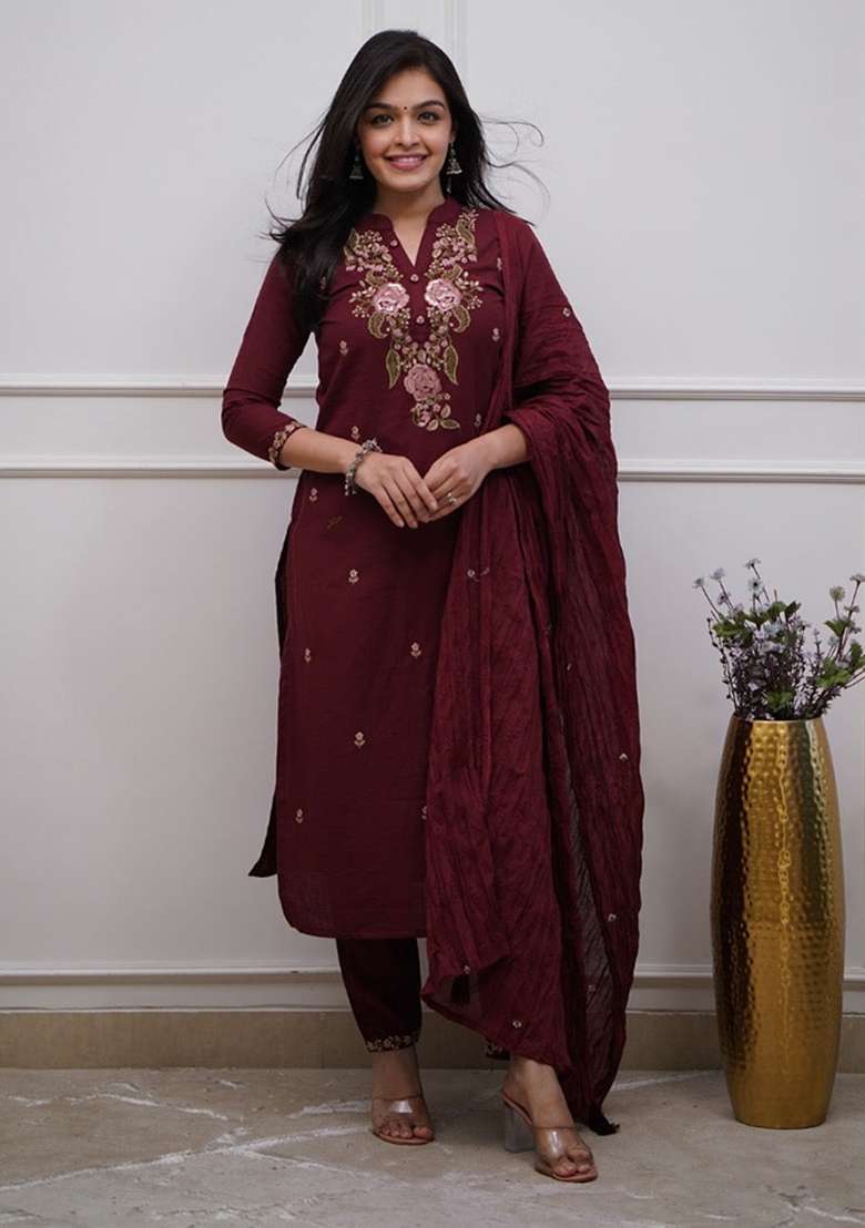 Maroon Embroidered Cotton Straight Kurta Set - Indya