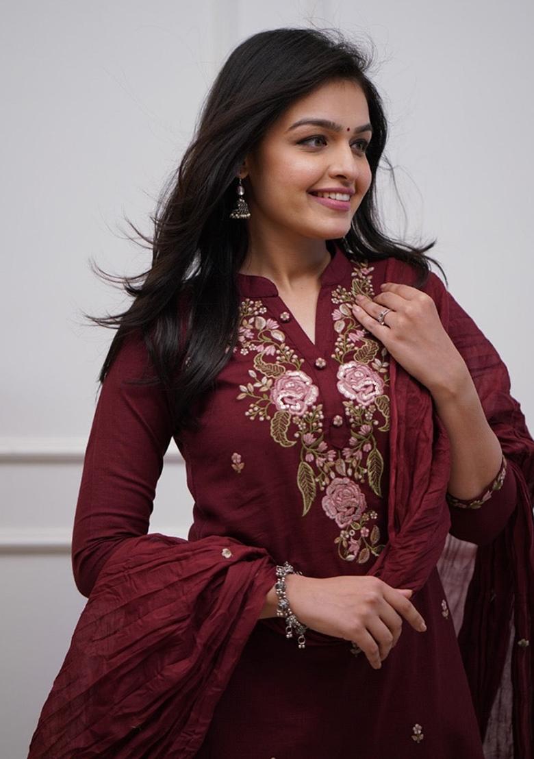 Maroon Printed Cotton Kurta Set - Indya