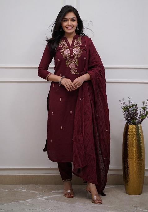 Maroon Printed Cotton Kurta Set
