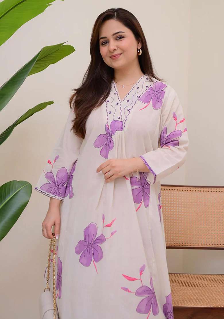 White Embroidered Cotton A Line Kurta Set - Indya