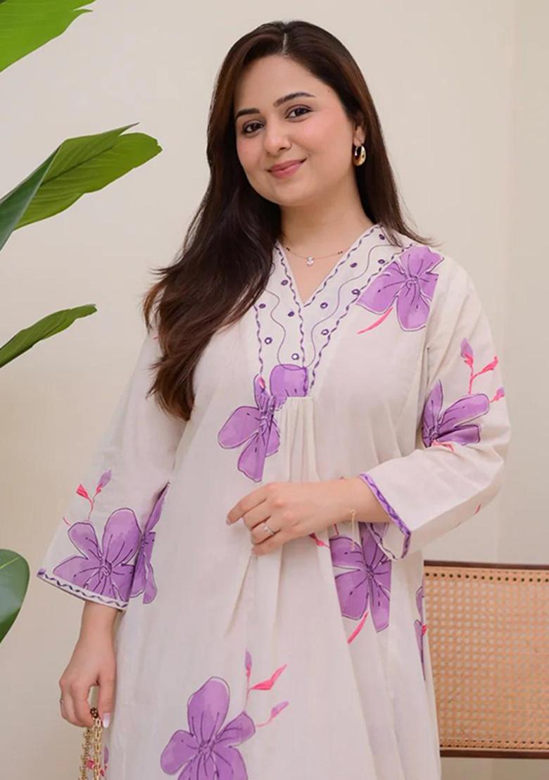 White Printed Cotton Kurta Set - Indya