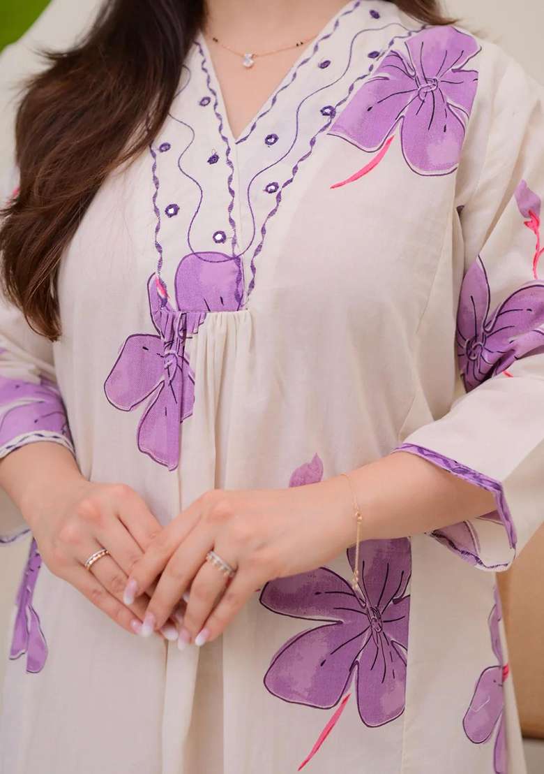 White Embroidered Cotton A Line Kurta Set - Indya