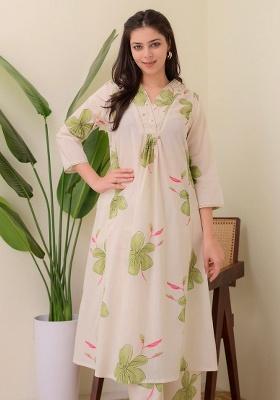 White Floral Print Cotton A Line Kurta Set