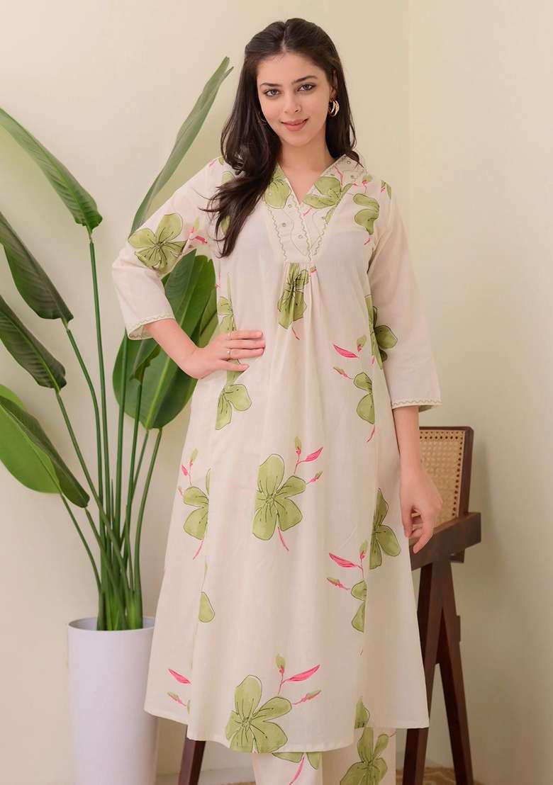 White Floral Print Cotton A Line Kurta Set - Indya