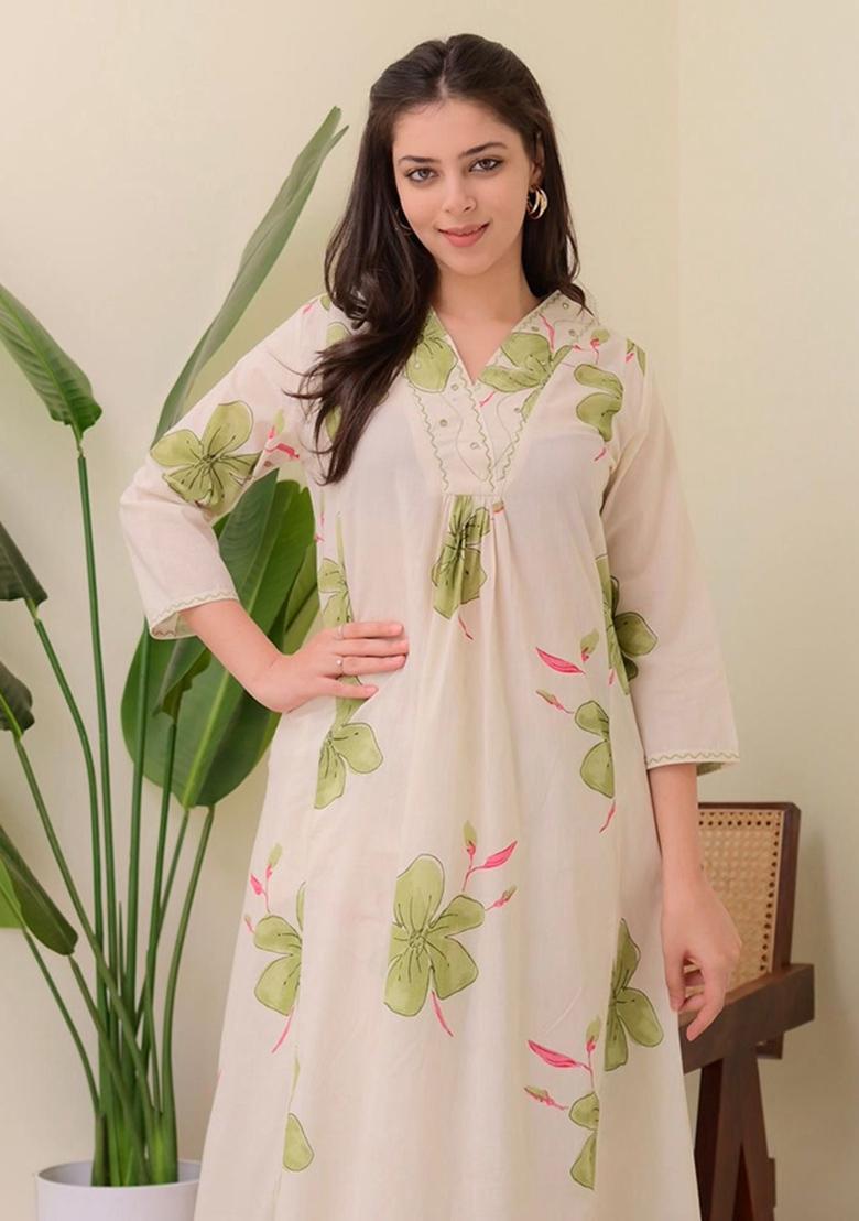 White Printed Cotton Kurta Set - Indya