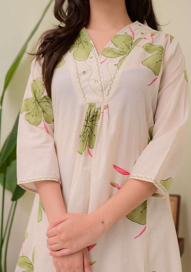 White Floral Print Cotton A Line Kurta Set - Indya