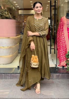 Green Embroidered Cotton Anarkali Set