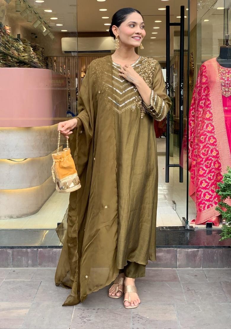 Green Printed Cotton Kurta Set - Indya
